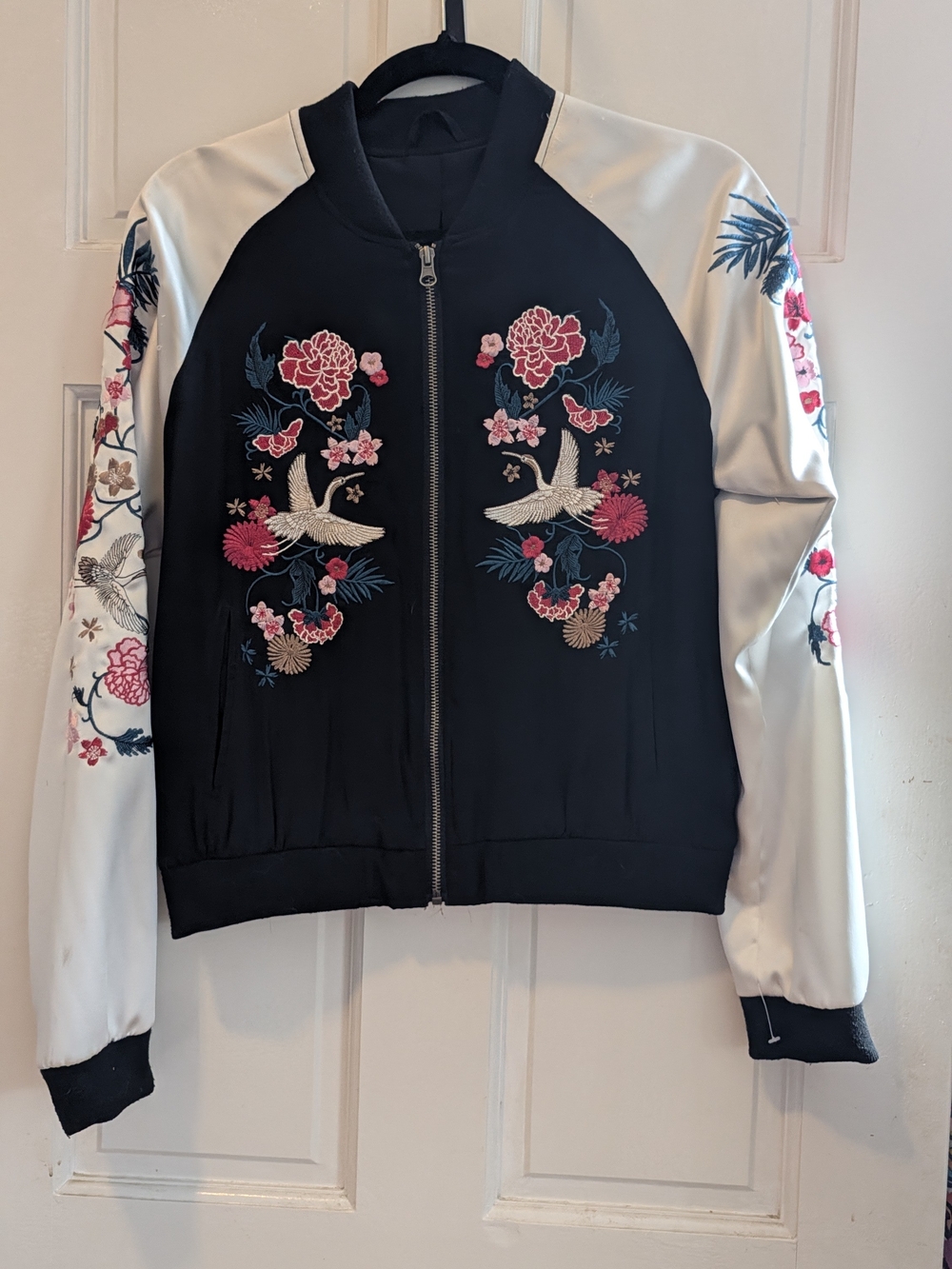 Aeropostale Black Bomber Jacket with Ivory Sleeves & Floral Embroidery
